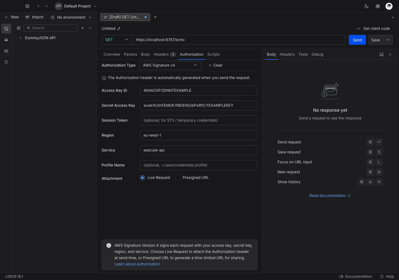 AWS Signature v4 form in the Authorization tab showing access key ID, secret access key, session token, region, service, profile name, and the attachment mode radio buttons.