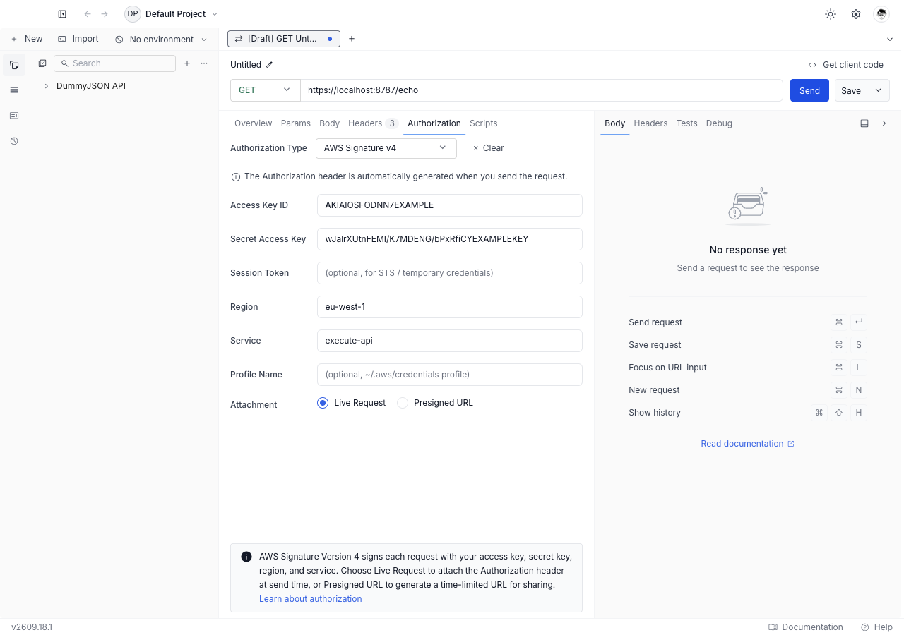AWS Signature v4 form in the Authorization tab showing access key ID, secret access key, session token, region, service, profile name, and the attachment mode radio buttons.