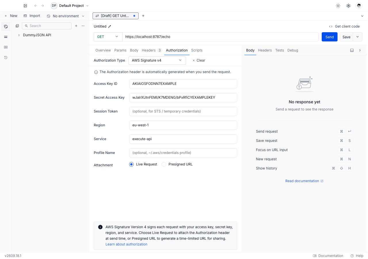AWS Signature v4 form in the Authorization tab showing access key ID, secret access key, session token, region, service, profile name, and the attachment mode radio buttons.