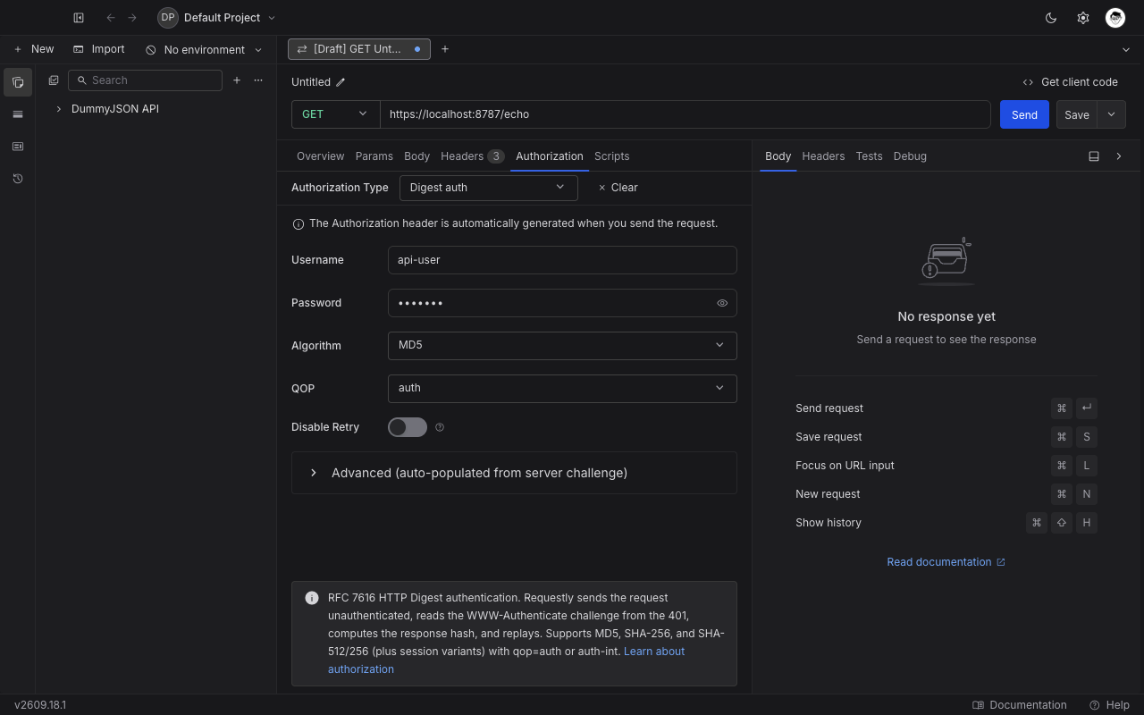 Digest auth form in the Authorization tab showing username, password, algorithm, QOP, and the Disable Retry toggle.