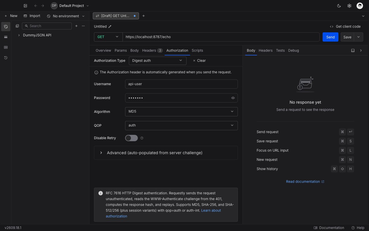 Digest auth form in the Authorization tab showing username, password, algorithm, QOP, and the Disable Retry toggle.