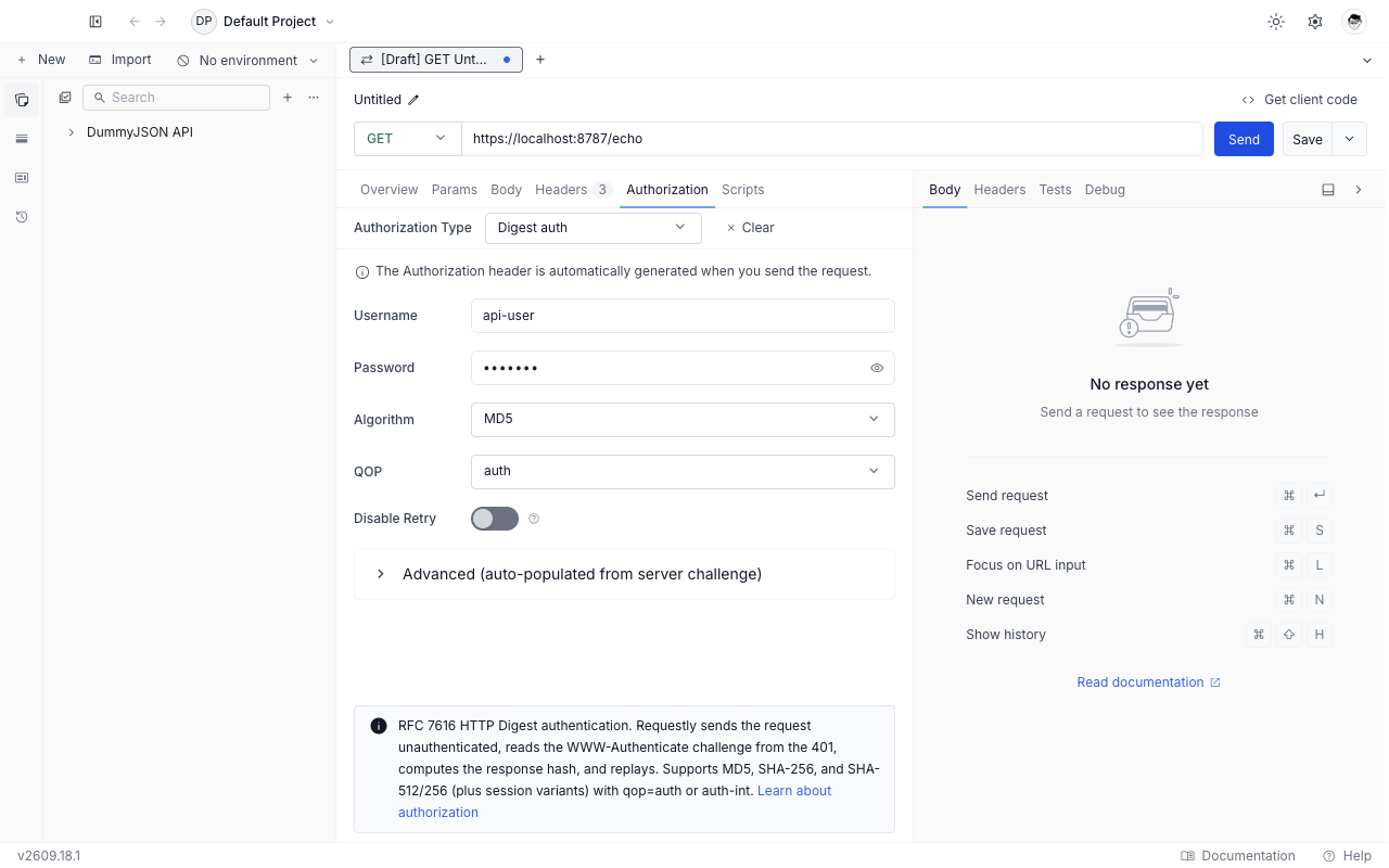 Digest auth form in the Authorization tab showing username, password, algorithm, QOP, and the Disable Retry toggle.