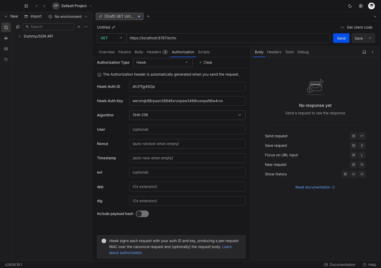 Hawk form in the Authorization tab showing auth ID, auth key, algorithm, user, nonce, timestamp, ext, app, dlg, and the include payload hash toggle.