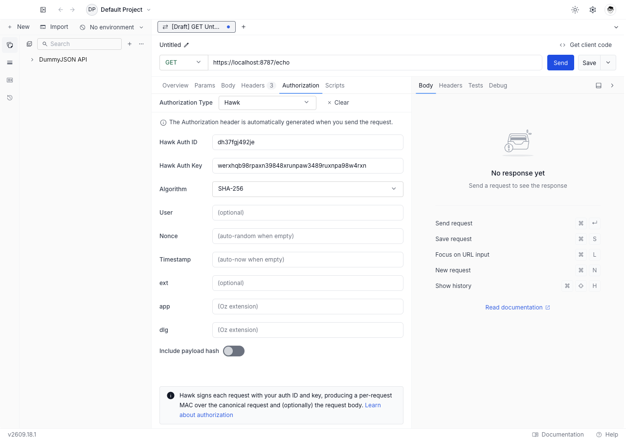Hawk form in the Authorization tab showing auth ID, auth key, algorithm, user, nonce, timestamp, ext, app, dlg, and the include payload hash toggle.