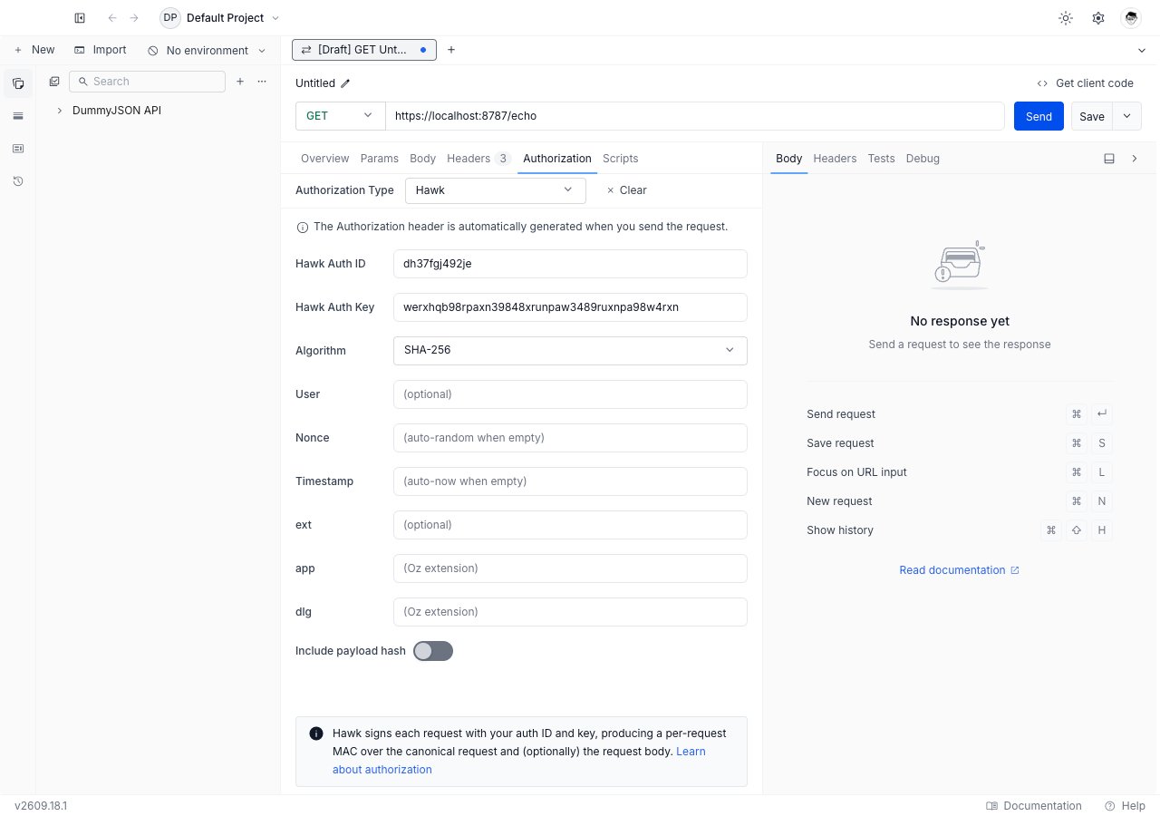 Hawk form in the Authorization tab showing auth ID, auth key, algorithm, user, nonce, timestamp, ext, app, dlg, and the include payload hash toggle.