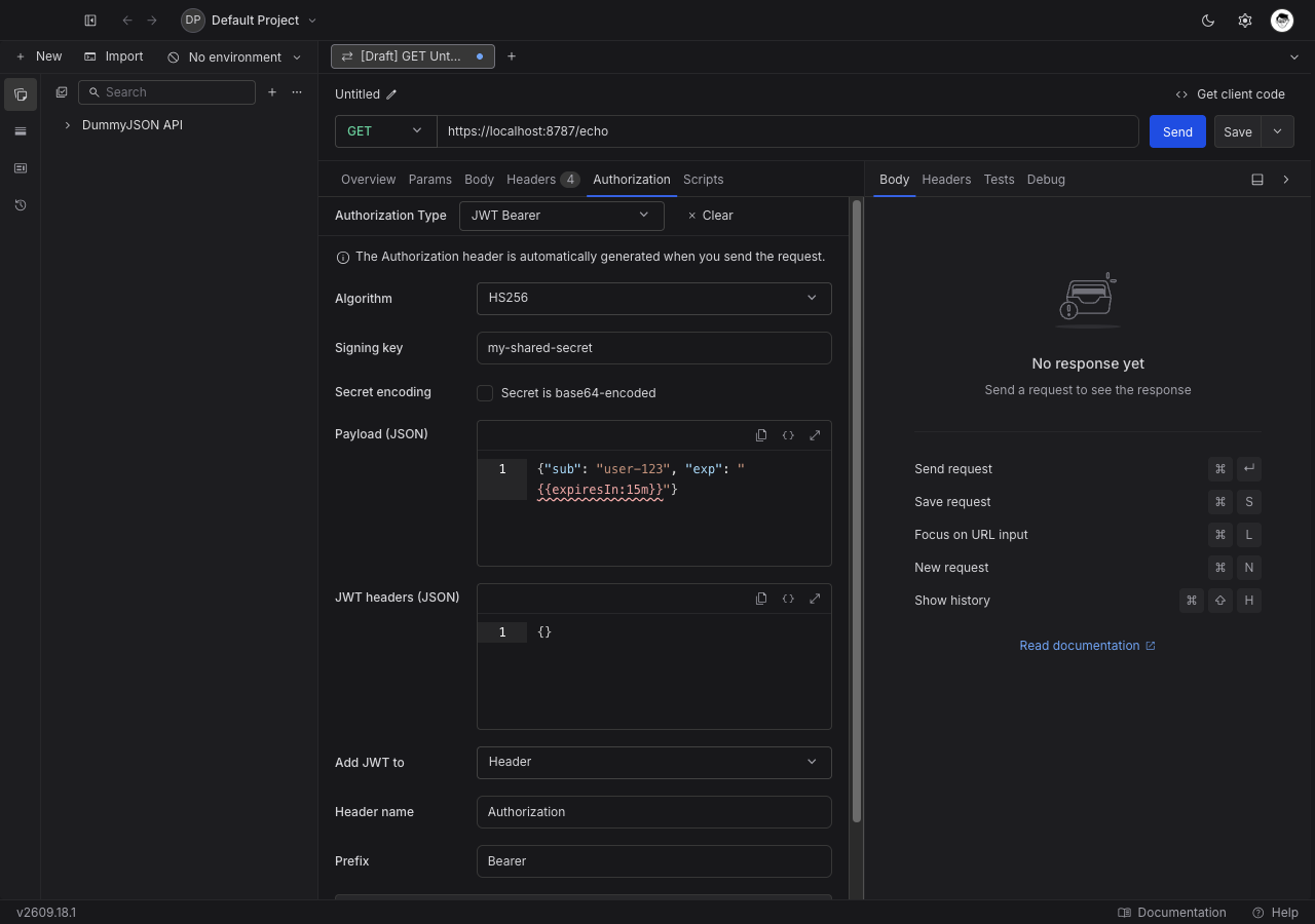 JWT Bearer form in the Authorization tab showing the algorithm dropdown, signing key, claim payload editor, JWT headers editor, and attachment fields.