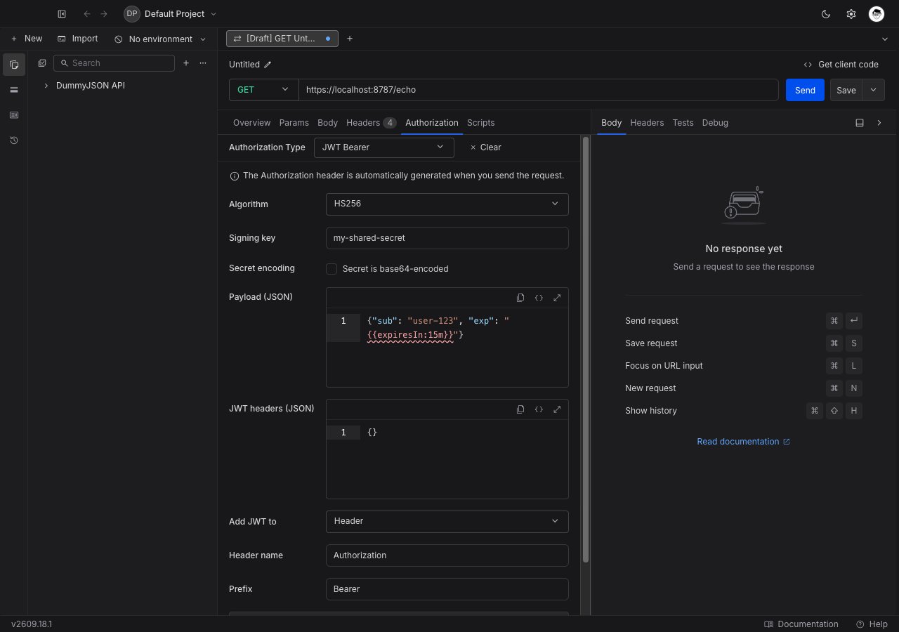 JWT Bearer form in the Authorization tab showing the algorithm dropdown, signing key, claim payload editor, JWT headers editor, and attachment fields.