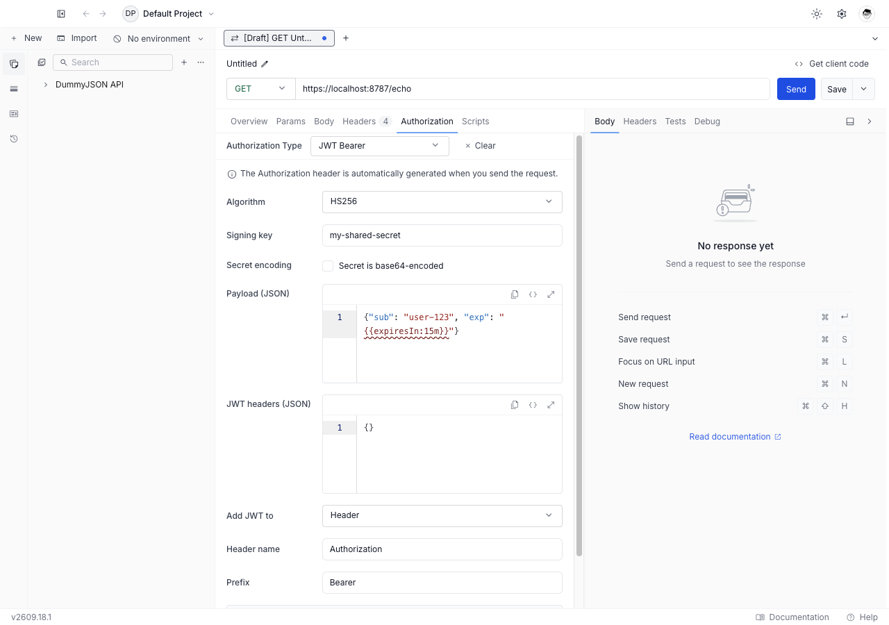 JWT Bearer form in the Authorization tab showing the algorithm dropdown, signing key, claim payload editor, JWT headers editor, and attachment fields.
