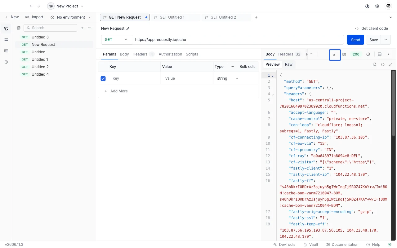 The Download button in the HTTP response pane header, next to Save as example