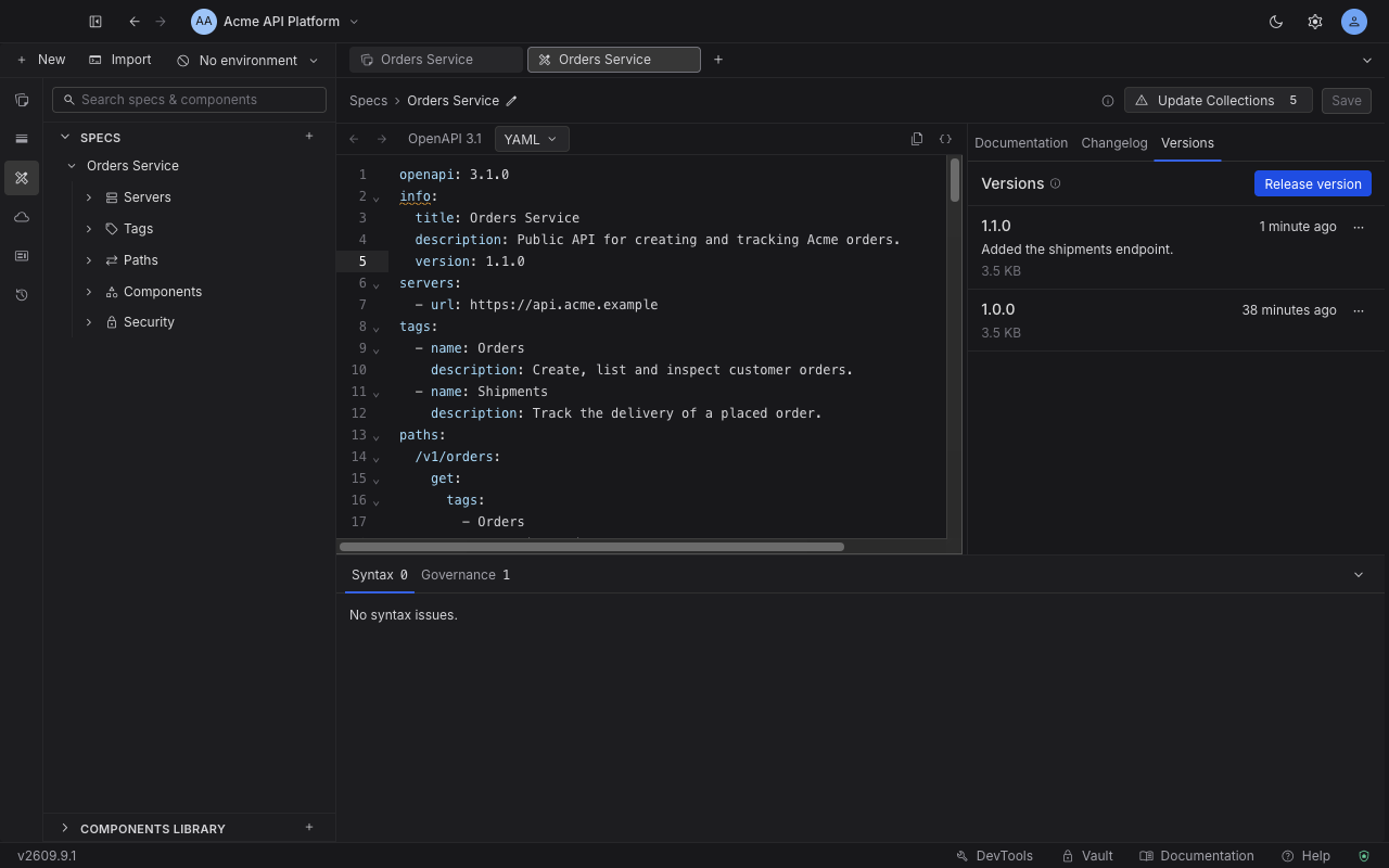 The Versions tab of the spec editor rail listing two released versions with their age, notes and size, and a Release version button in the header