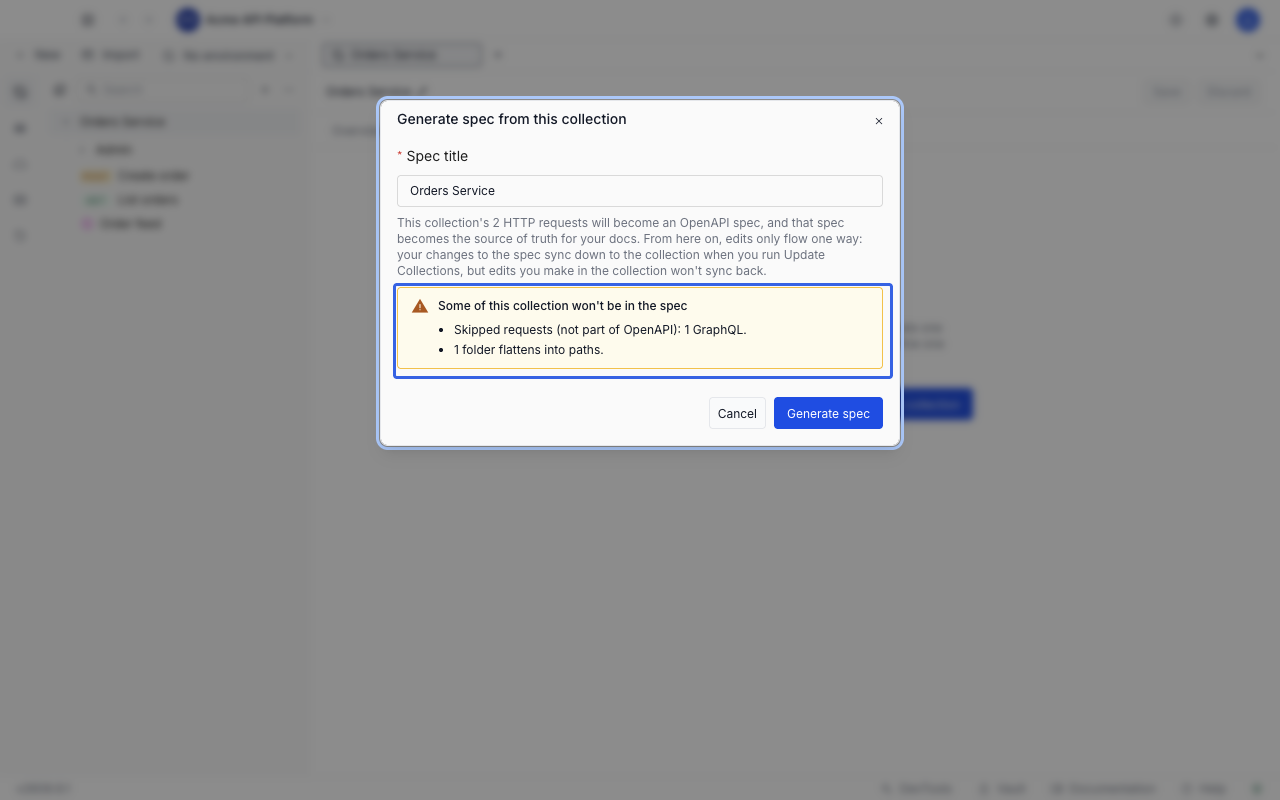The Generate spec from this collection dialog with a Spec title field, an explanation of the one-way sync, and a warning listing what will not be in the spec