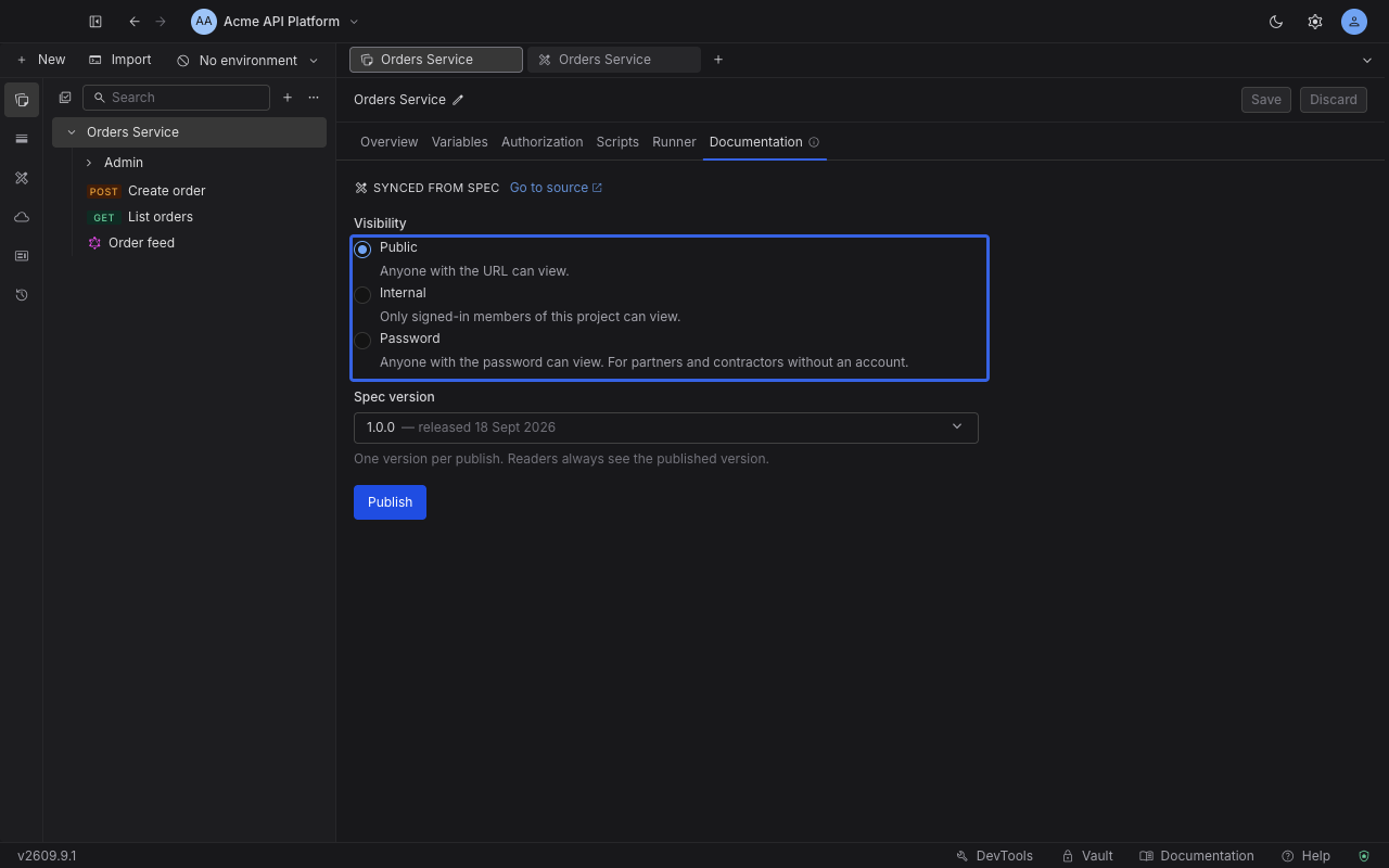 The Documentation tab of a collection showing the Public, Internal and Password visibility options, the Spec version dropdown and the Publish button