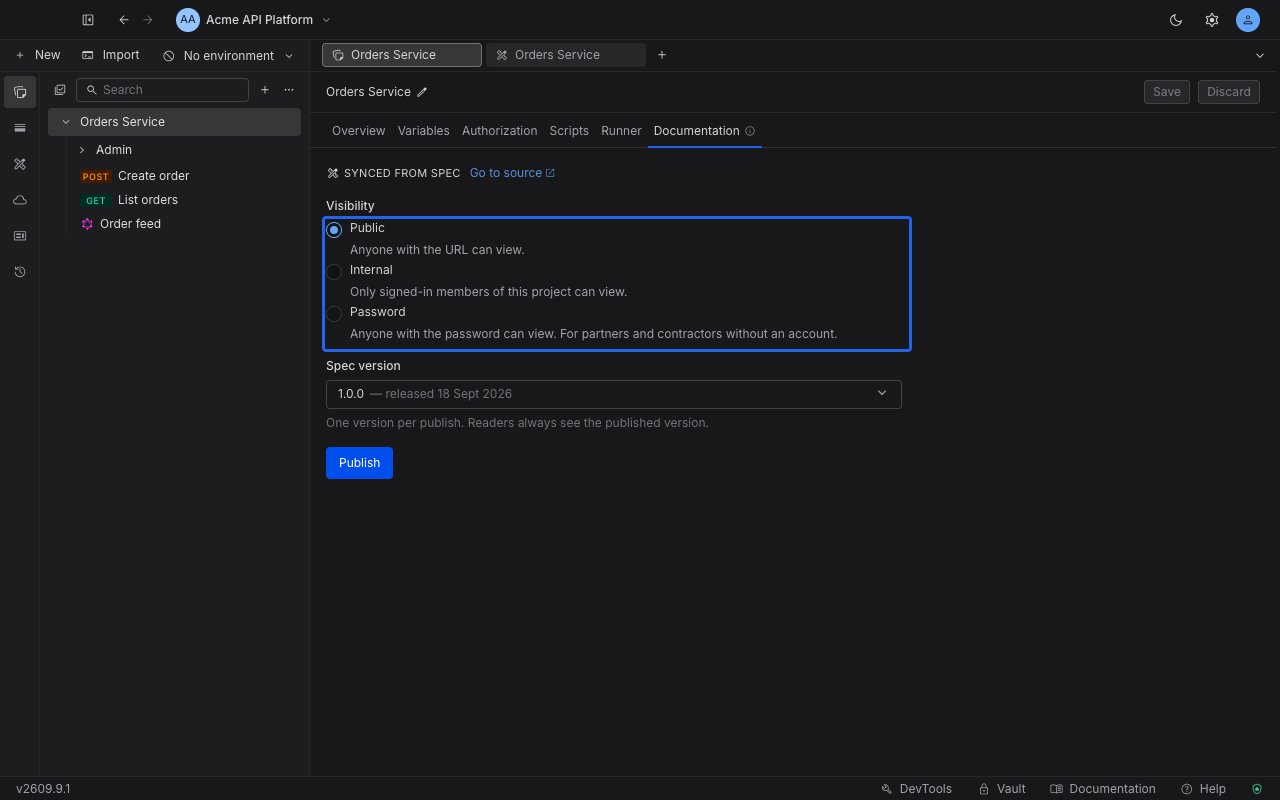 The Documentation tab of a collection showing the Public, Internal and Password visibility options, the Spec version dropdown and the Publish button