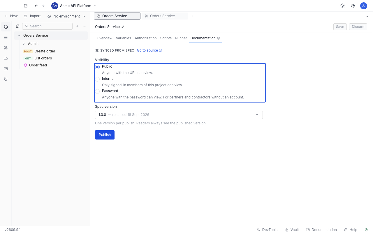 The Documentation tab of a collection showing the Public, Internal and Password visibility options, the Spec version dropdown and the Publish button