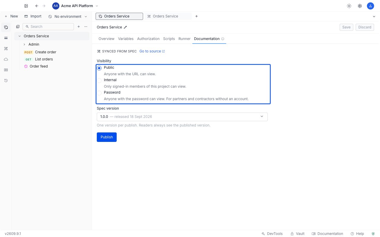 The Documentation tab of a collection showing the Public, Internal and Password visibility options, the Spec version dropdown and the Publish button