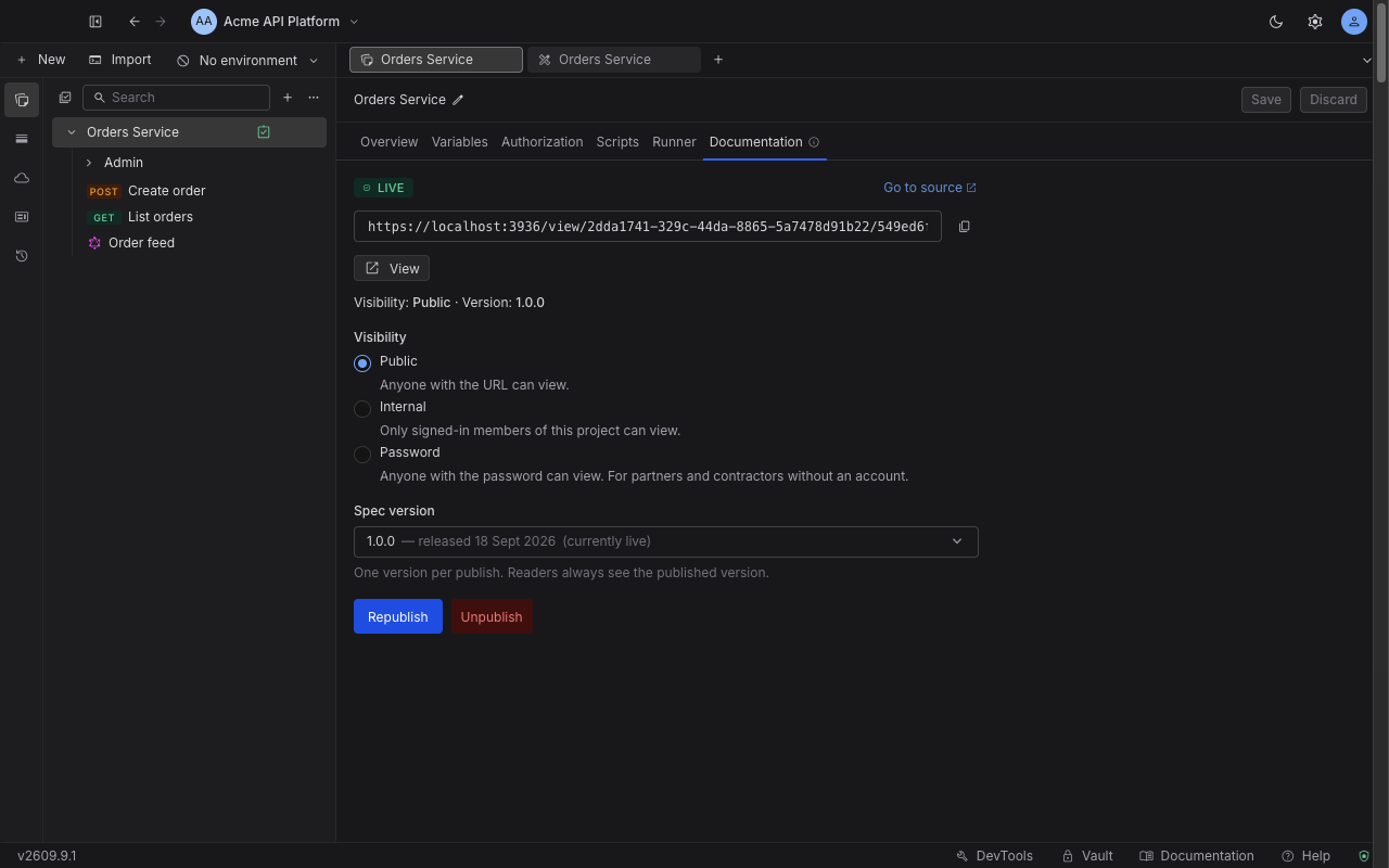 The published status card with a Live badge, the documentation URL with a copy button, a View button, the current visibility and version, and Republish and Unpublish buttons