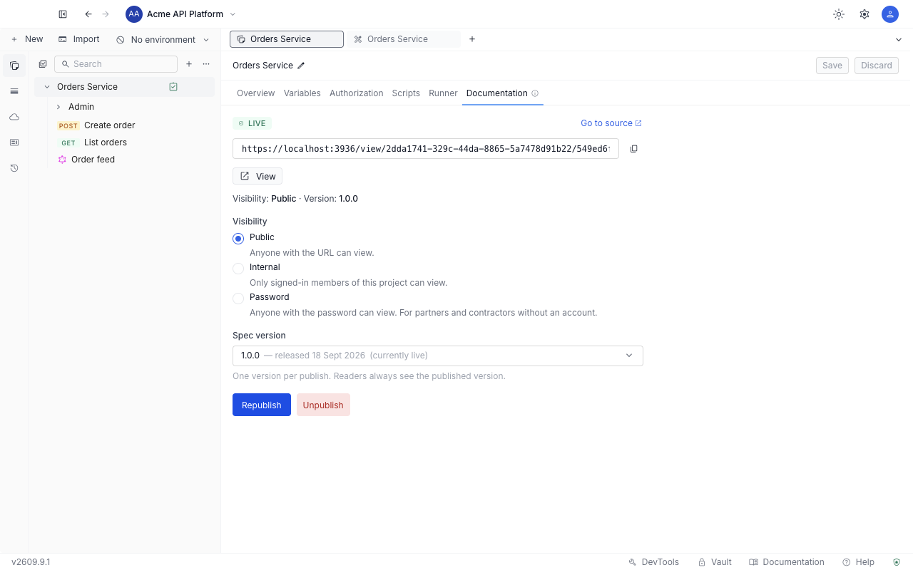 The published status card with a Live badge, the documentation URL with a copy button, a View button, the current visibility and version, and Republish and Unpublish buttons