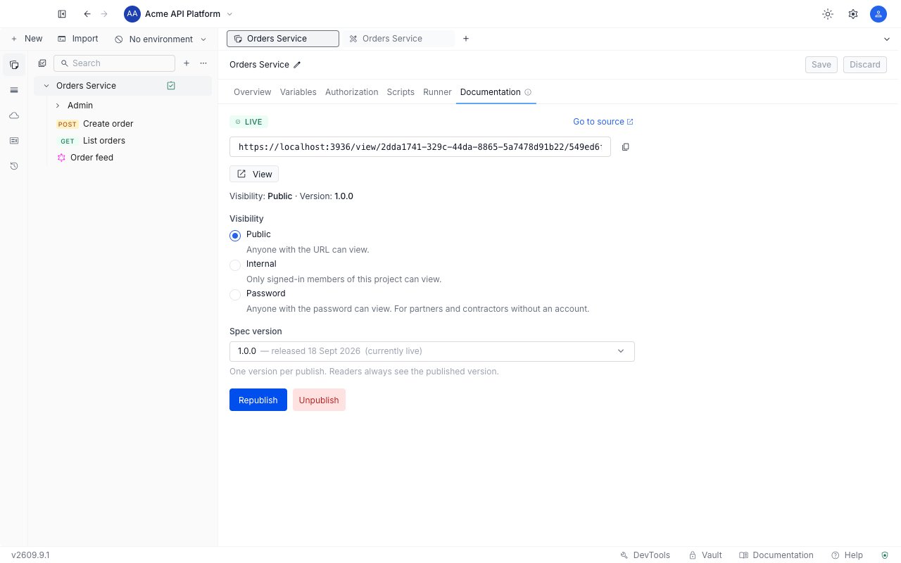 The published status card with a Live badge, the documentation URL with a copy button, a View button, the current visibility and version, and Republish and Unpublish buttons