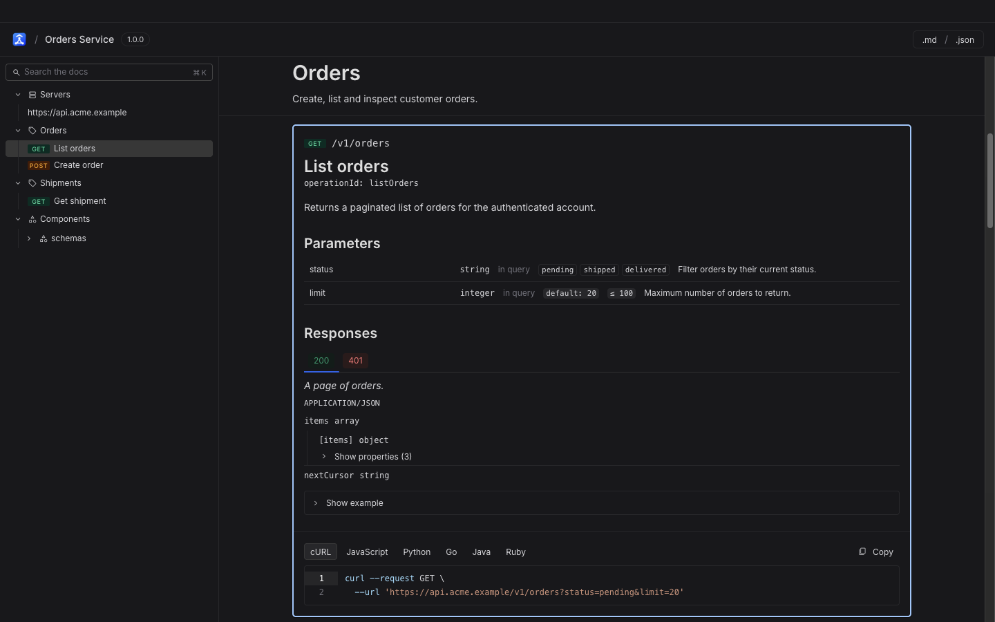 The published documentation reader with the endpoint outline grouped by tag on the left and an operation with its parameters, responses and code samples on the right