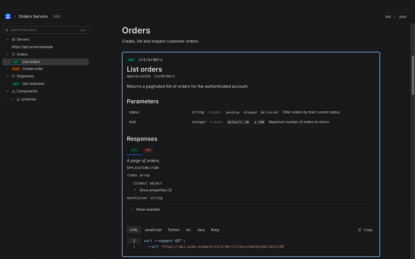 The published documentation reader with the endpoint outline grouped by tag on the left and an operation with its parameters, responses and code samples on the right