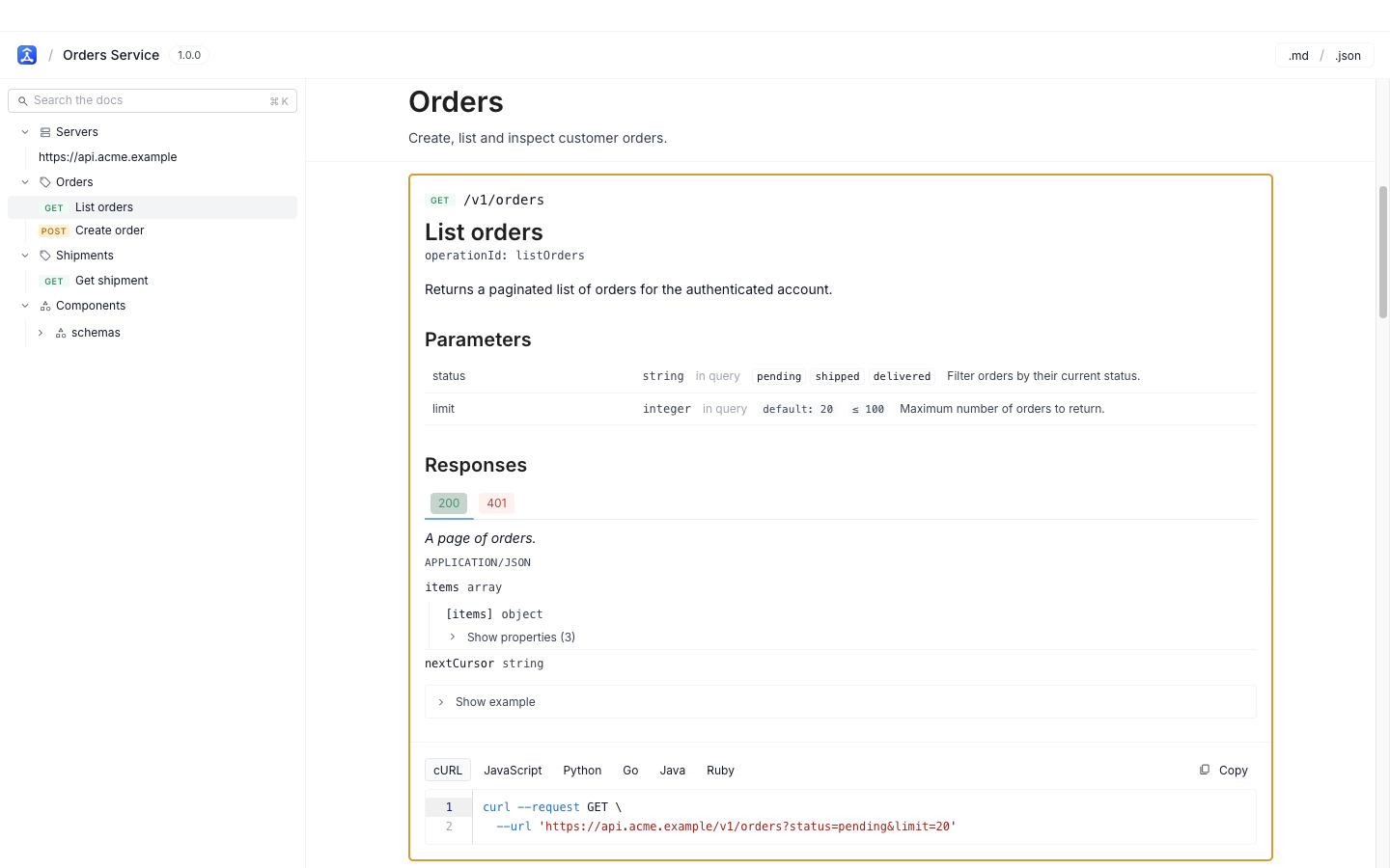 The published documentation reader with the endpoint outline grouped by tag on the left and an operation with its parameters, responses and code samples on the right