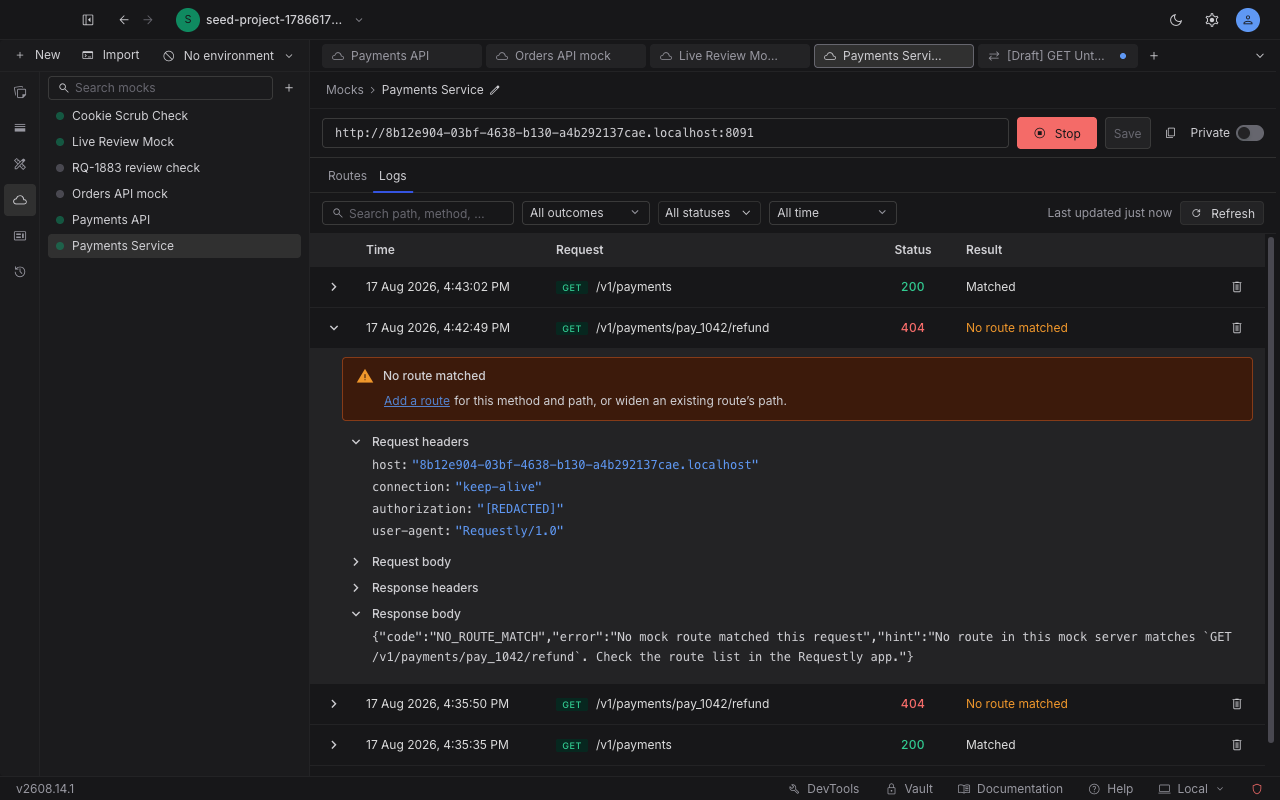 An expanded log row showing the Request headers, Request body, Response headers, and Response body sections with a redacted authorization header