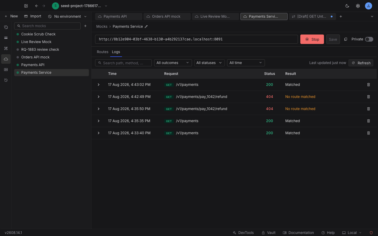 The Logs tab of a mock server showing a table of received calls with Time, Request, Status, and Result columns above the filter bar