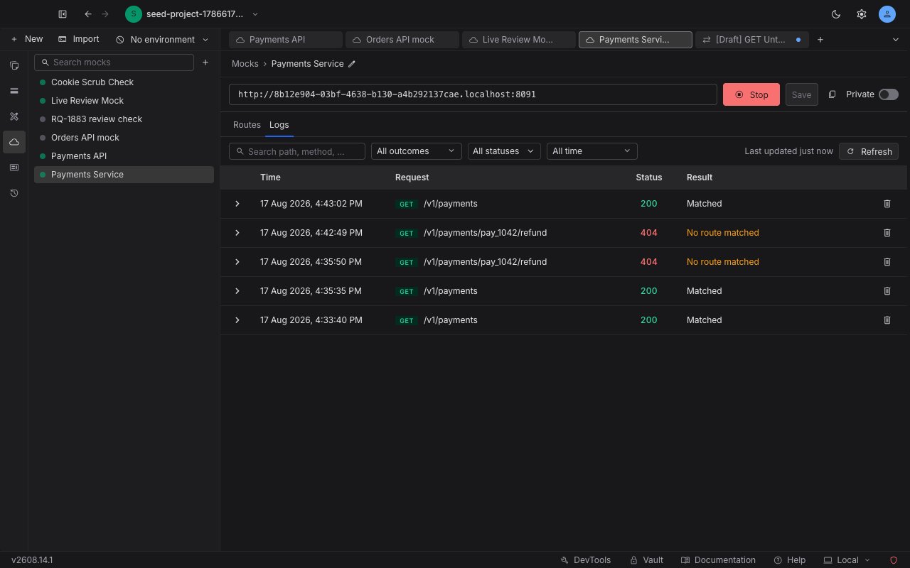 The Logs tab of a mock server showing a table of received calls with Time, Request, Status, and Result columns above the filter bar