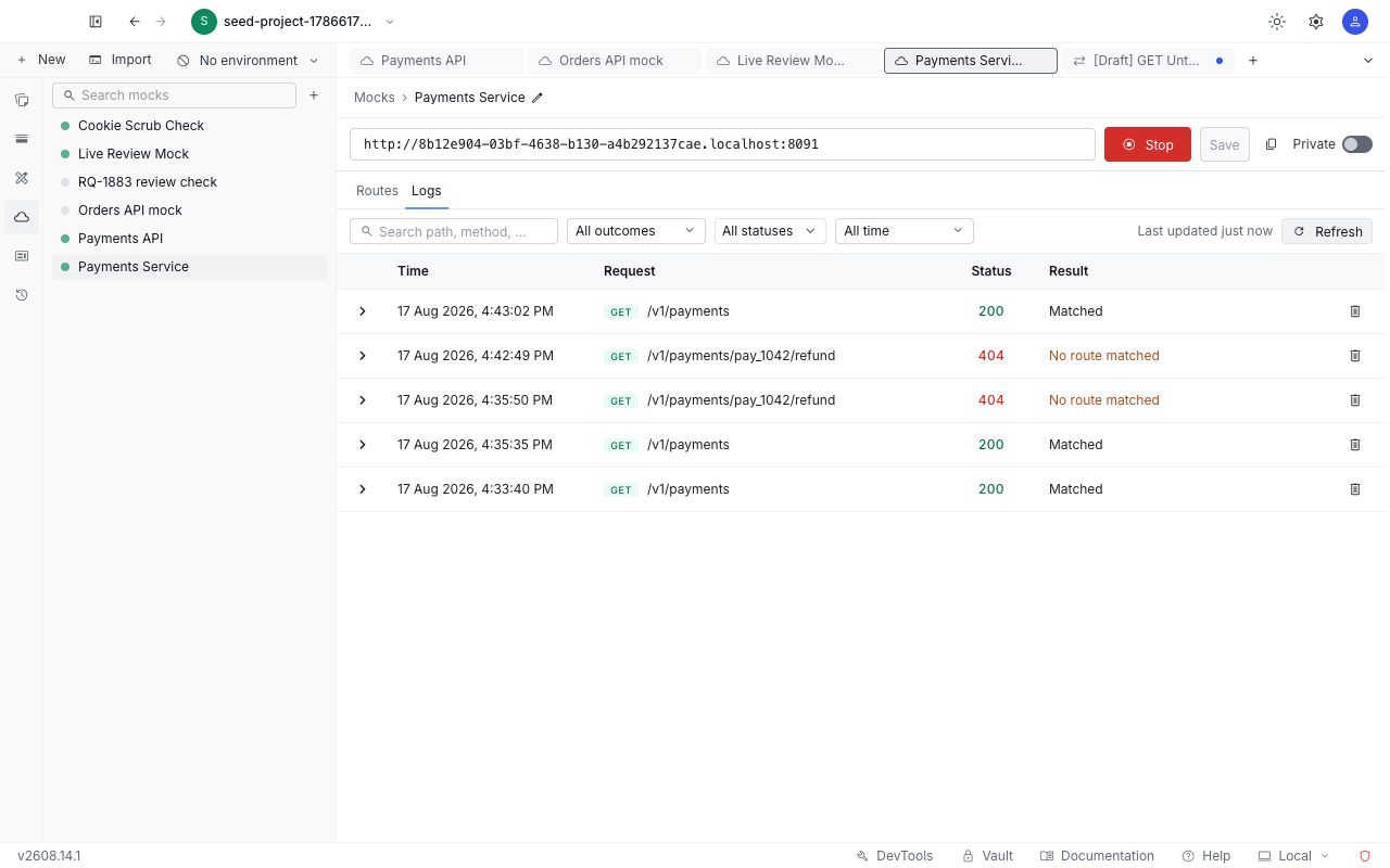 The Logs tab of a mock server showing a table of received calls with Time, Request, Status, and Result columns above the filter bar