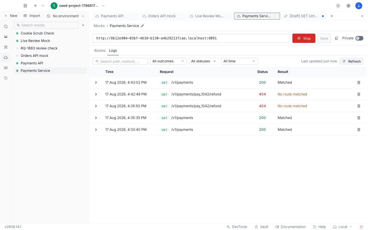 The Logs tab of a mock server showing a table of received calls with Time, Request, Status, and Result columns above the filter bar