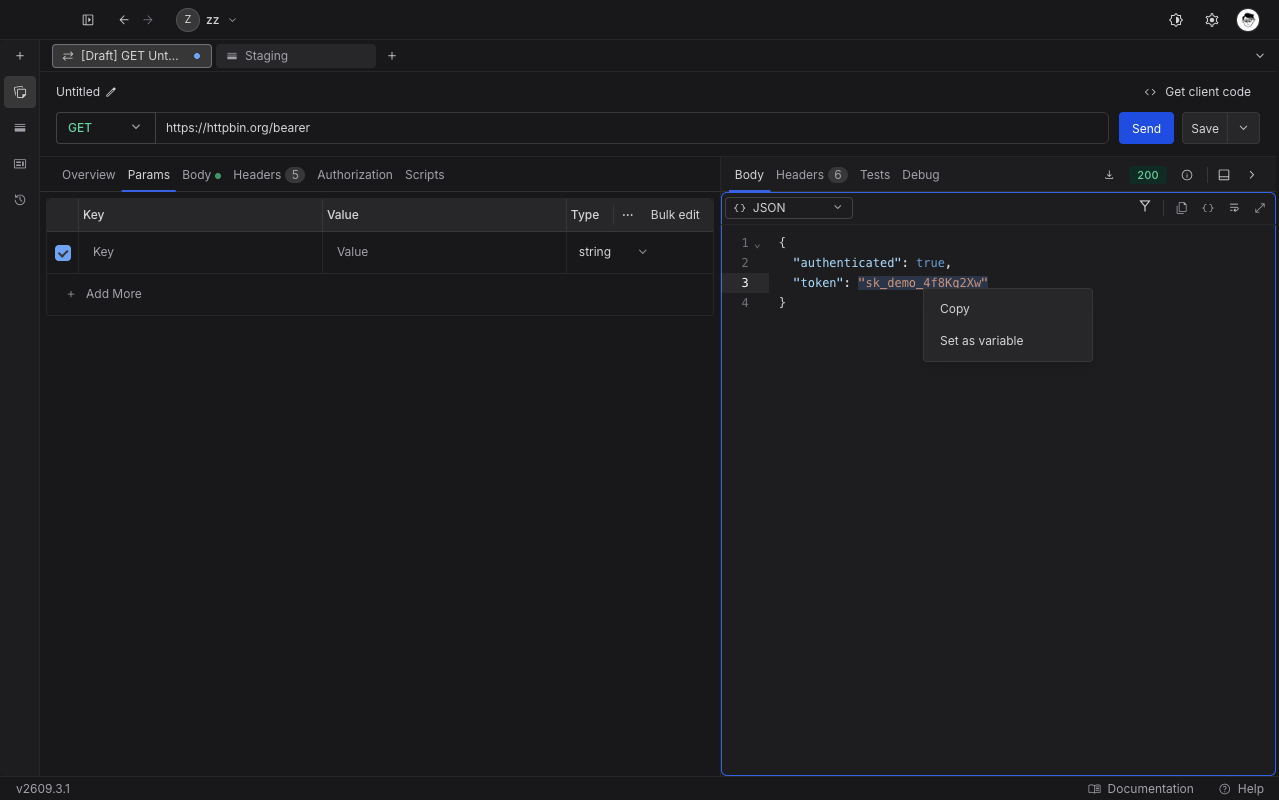 A selected token in a JSON response body with the right-click menu open, showing Copy and Set as variable