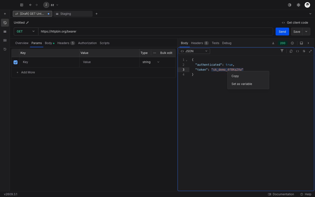 A selected token in a JSON response body with the right-click menu open, showing Copy and Set as variable