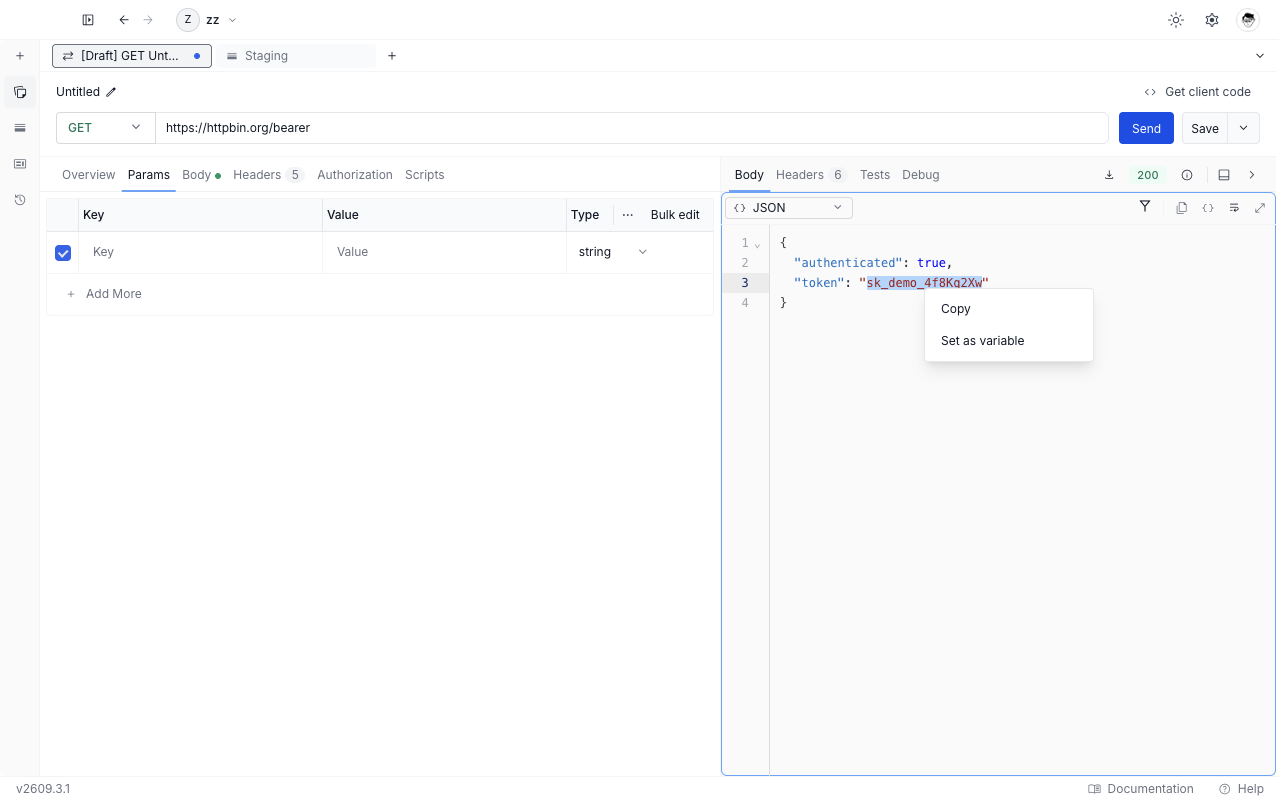 A selected token in a JSON response body with the right-click menu open, showing Copy and Set as variable