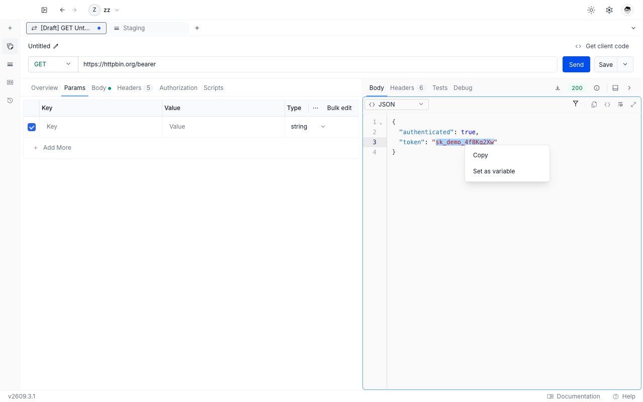 A selected token in a JSON response body with the right-click menu open, showing Copy and Set as variable