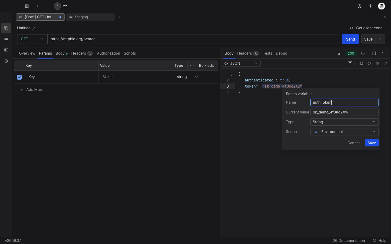 The Set as variable picker with the Name, Current value, Type, and Scope fields filled in, above the Cancel and Save buttons