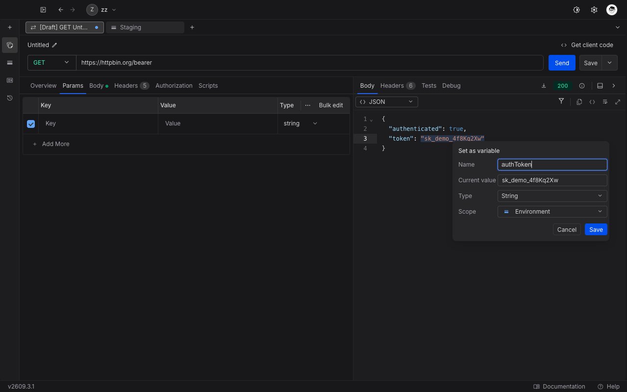 The Set as variable picker with the Name, Current value, Type, and Scope fields filled in, above the Cancel and Save buttons
