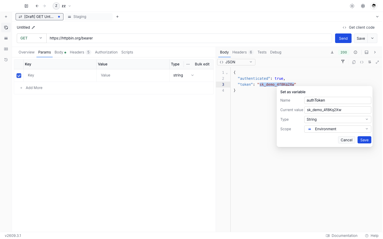 The Set as variable picker with the Name, Current value, Type, and Scope fields filled in, above the Cancel and Save buttons