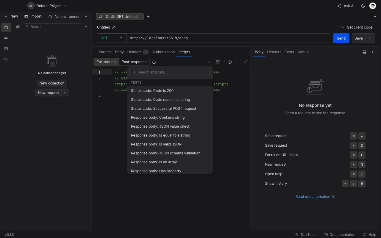 Snippets popover open in the post-response script editor showing categorized code snippets including Tests and Response body checks