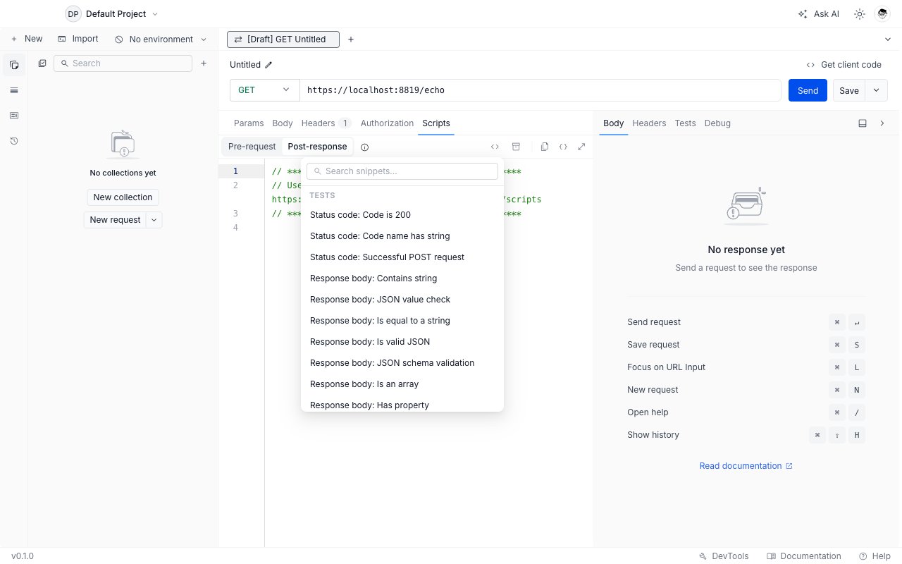 Snippets popover open in the post-response script editor showing categorized code snippets including Tests and Response body checks