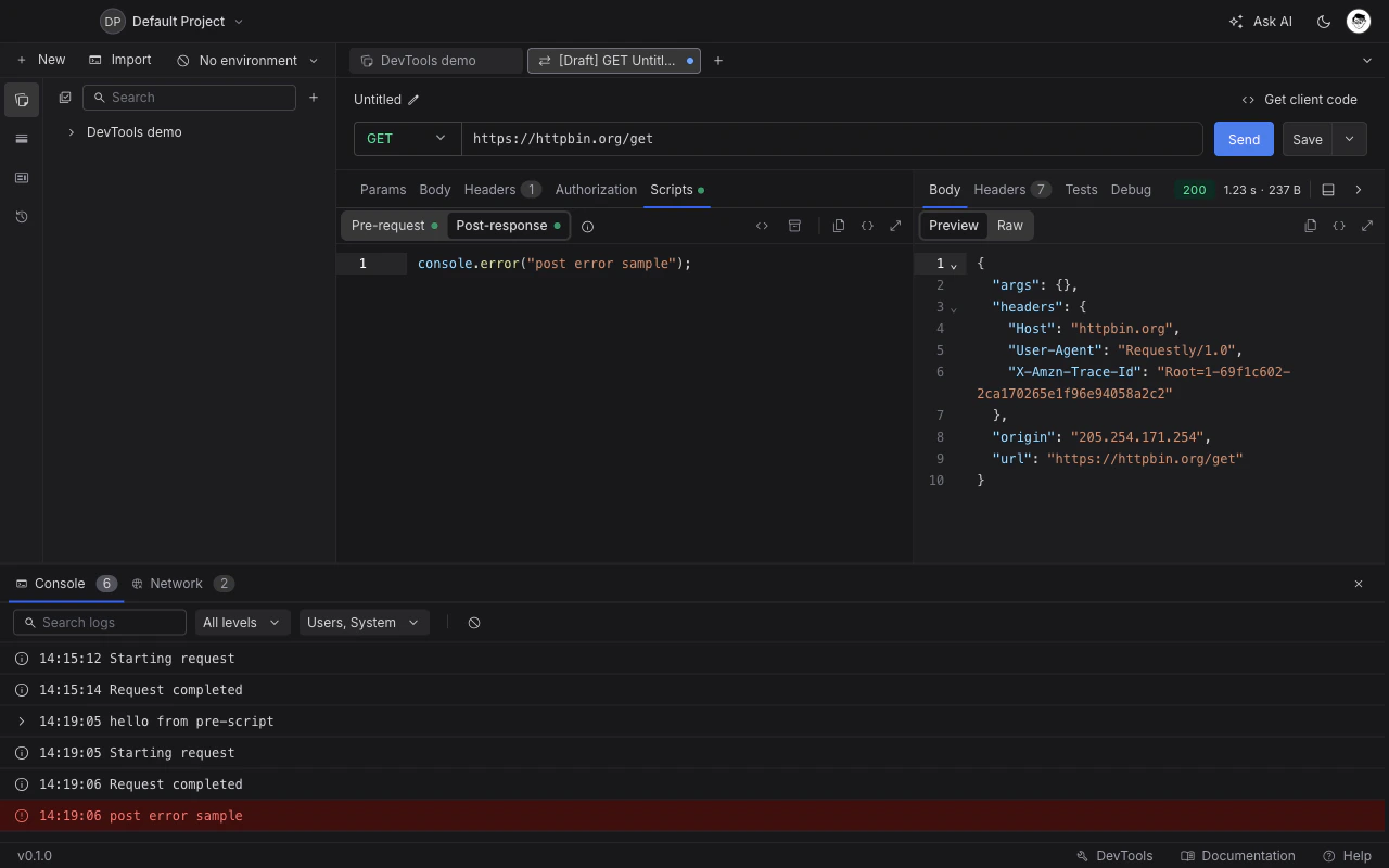DevTools Console tab listing script logs with level and source filter dropdowns.