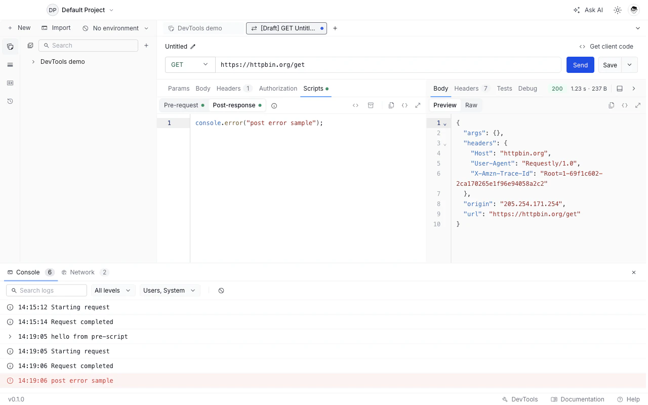DevTools Console tab listing script logs with level and source filter dropdowns.