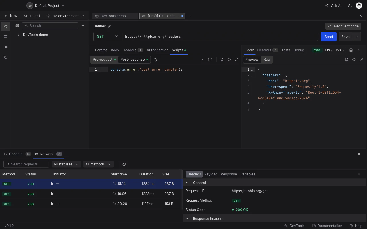 DevTools Network tab listing captured requests with the detail tabs open on the right.
