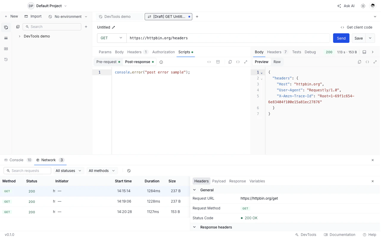 DevTools Network tab listing captured requests with the detail tabs open on the right.