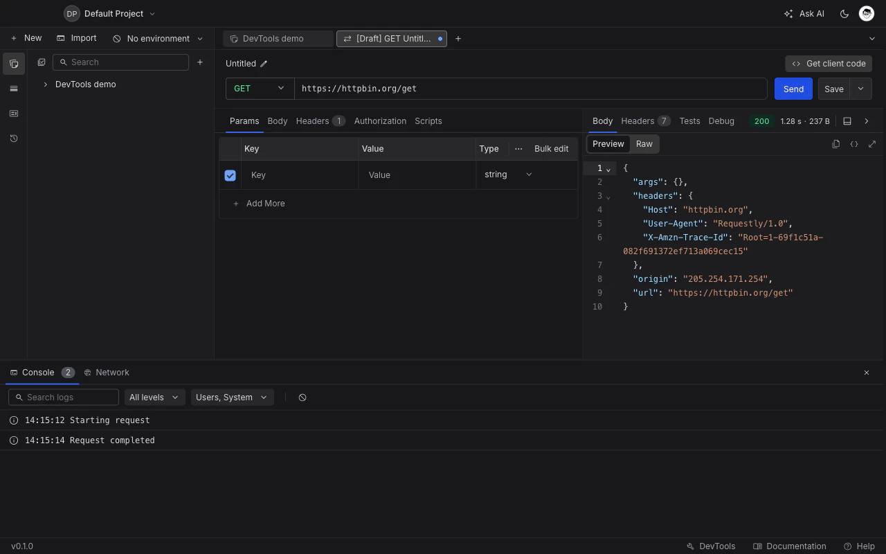 DevTools panel showing Console and Network tabs at the bottom of the API Client window.