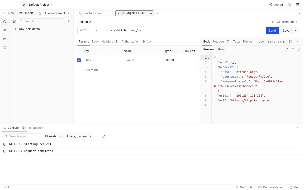 DevTools panel showing Console and Network tabs at the bottom of the API Client window.