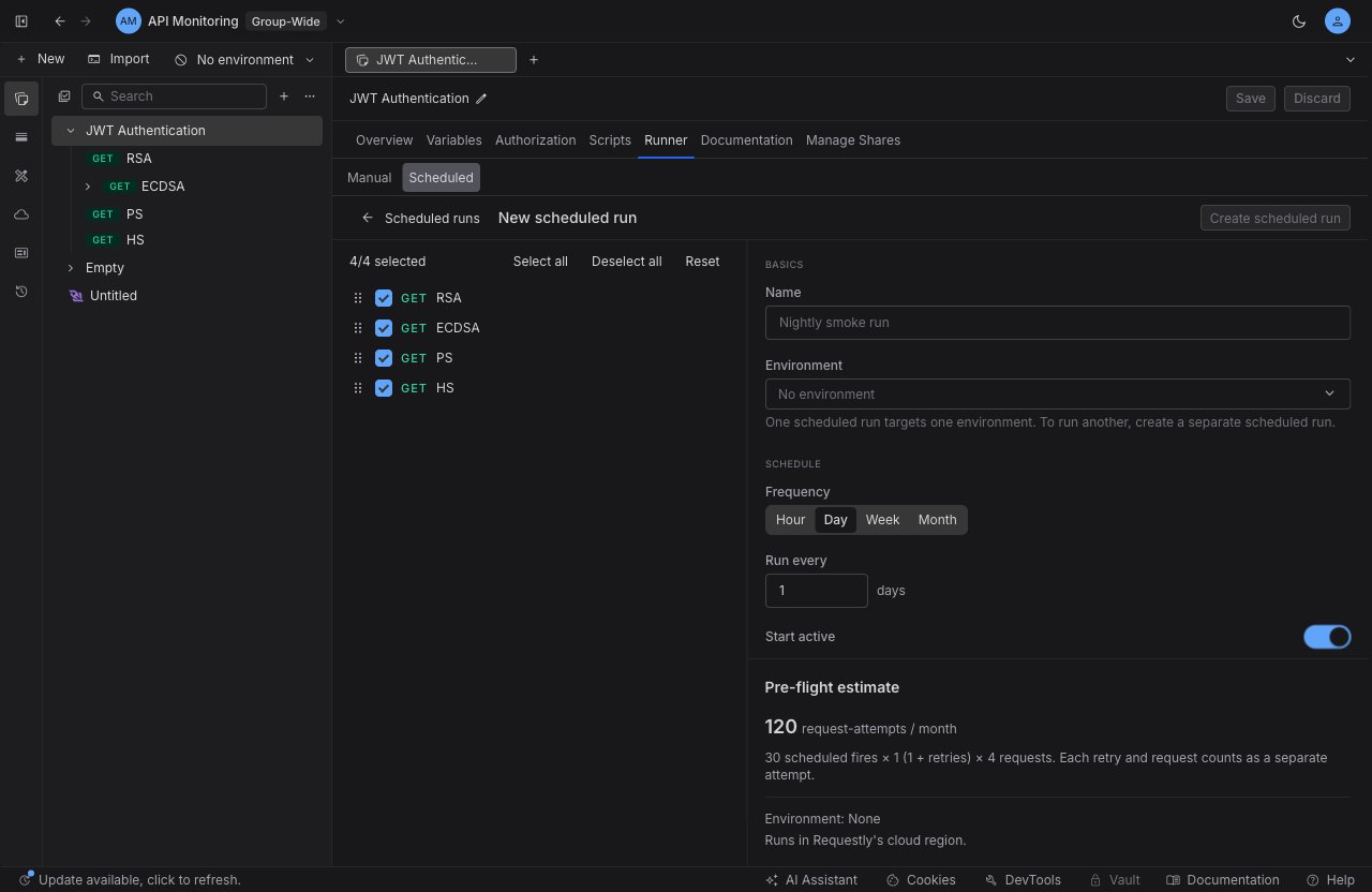 The scheduled-run configuration pane: request selection on the left, and name, environment, schedule, and a live pre-flight estimate on the right.