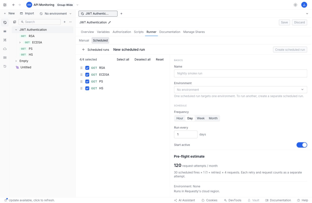 The scheduled-run configuration pane: request selection on the left, and name, environment, schedule, and a live pre-flight estimate on the right.