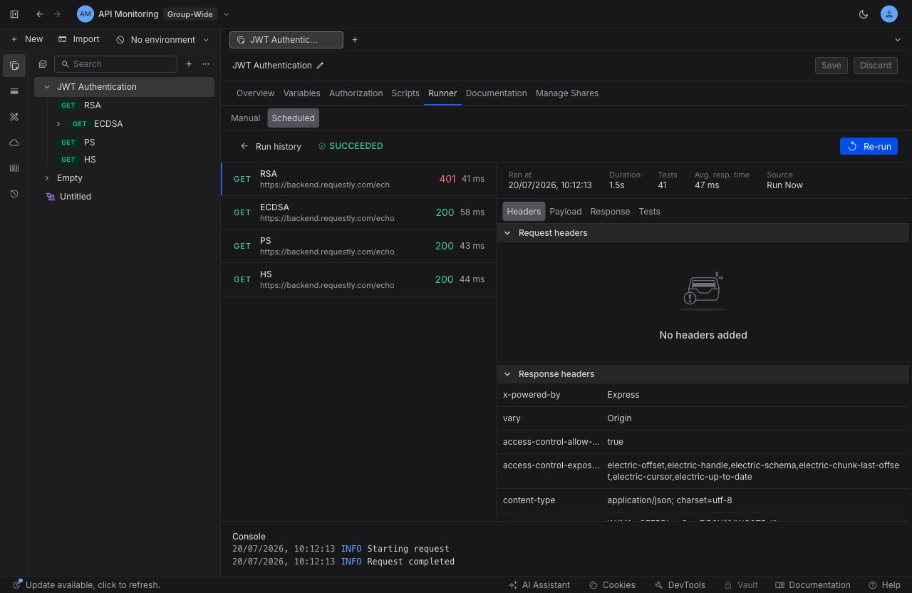 The per-run drill-down: the request list on the left, and run metrics with Headers, Payload, Response, and Tests tabs plus a console section on the right.