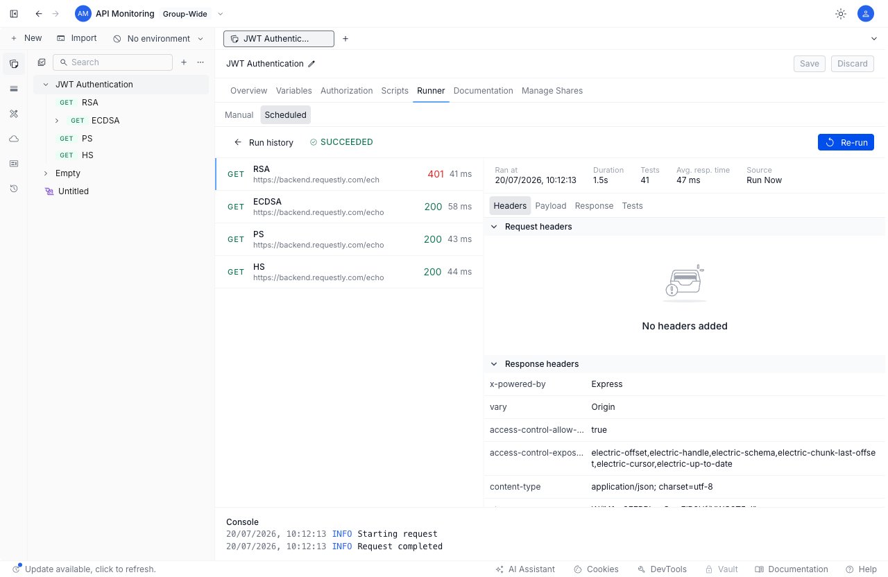 The per-run drill-down: the request list on the left, and run metrics with Headers, Payload, Response, and Tests tabs plus a console section on the right.