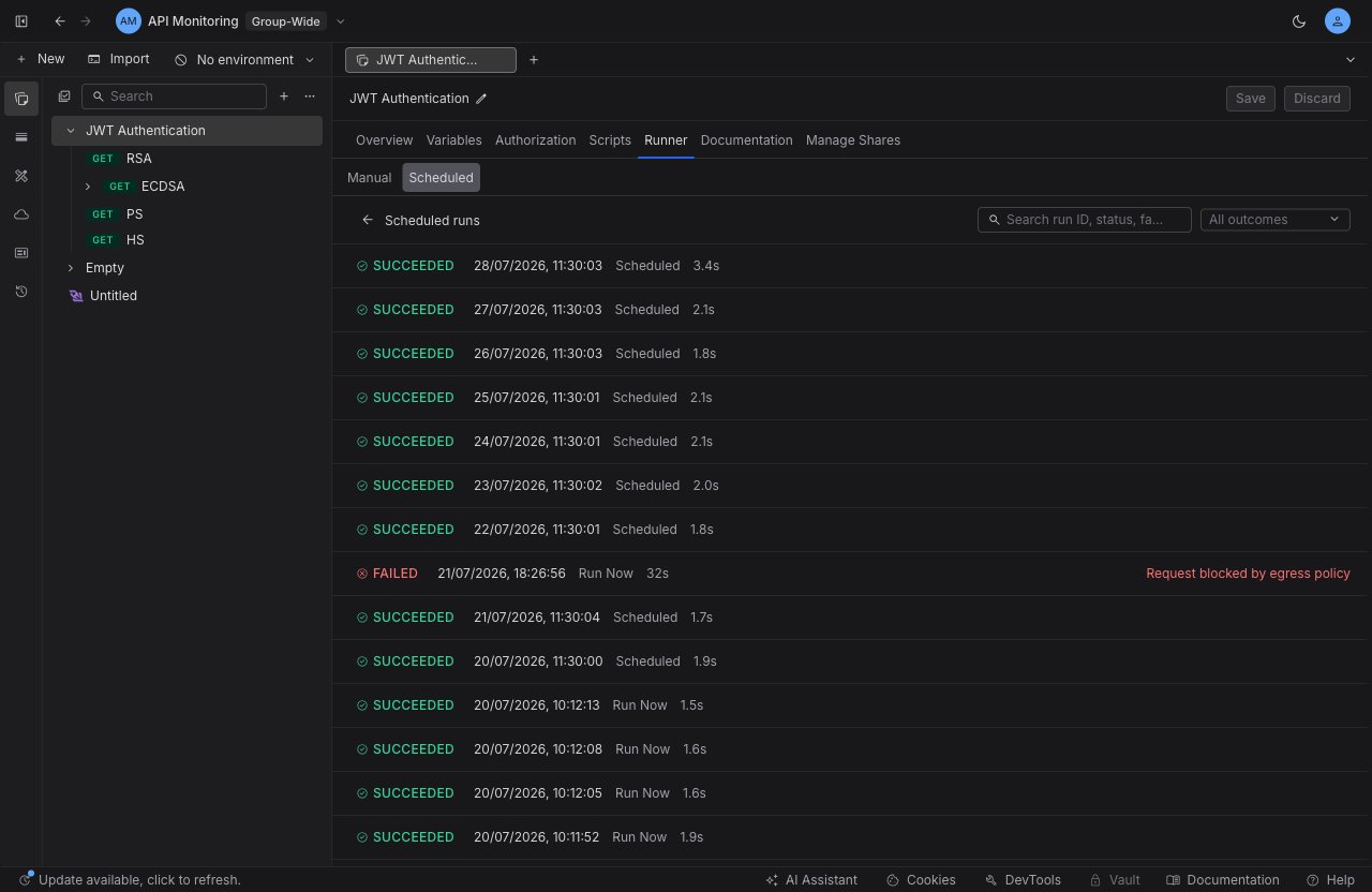 The run-history list for a scheduled run, showing each run's outcome, start time, trigger source, and duration, with search and outcome filters.